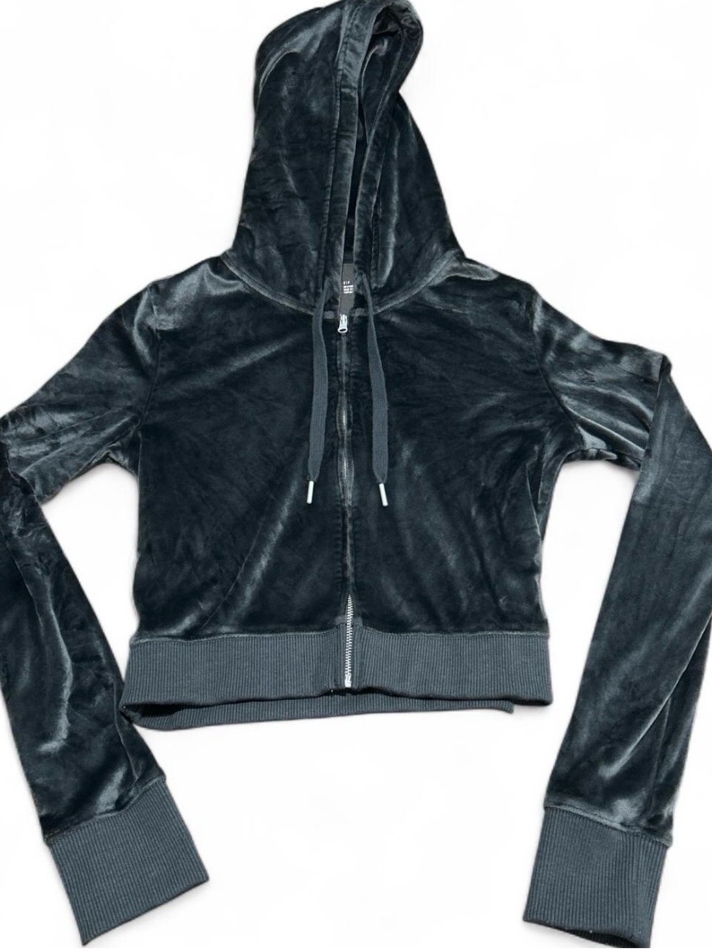 aerie Black Cropped Velvet Zip-Up Hoodie